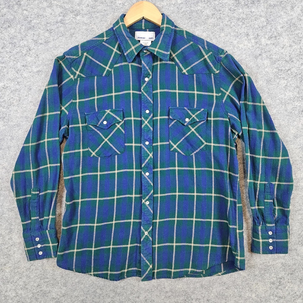 Wrangler Wrancher Men's Green & Purple Plaid Size L Flannel Pearl Snap Shirt
